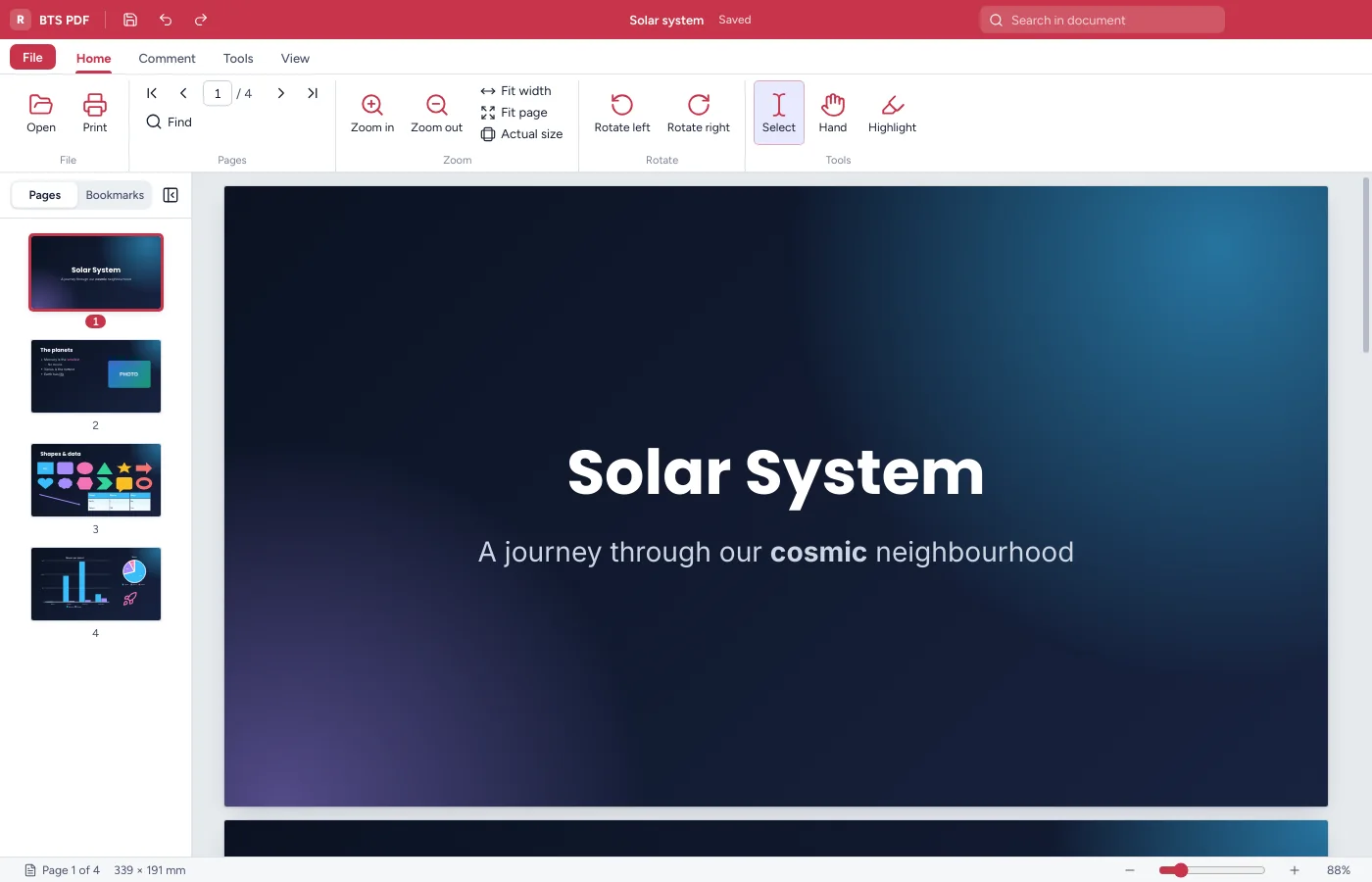BTS PDF showing a document with page thumbnails